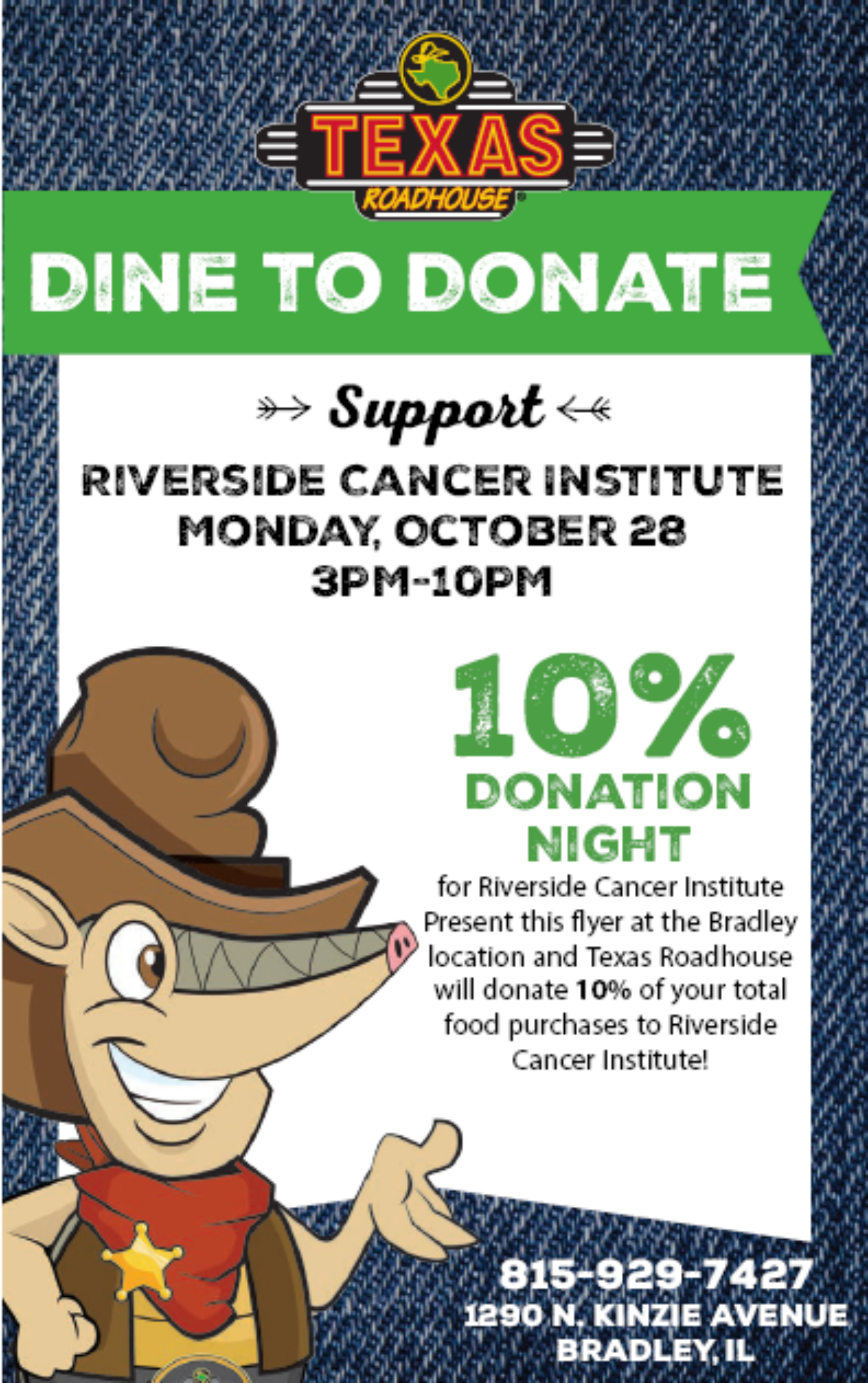 Dine to Donate @ Texas Roadhouse to support Riverside Cancer Institute